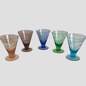 5 Vintage Coloured Cordial, Liqueur, Shooter Glass